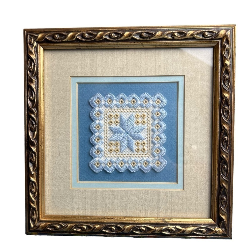 Ornate Gold Framed HARDANGER Handmade Blue White Doily Norway Embroidery